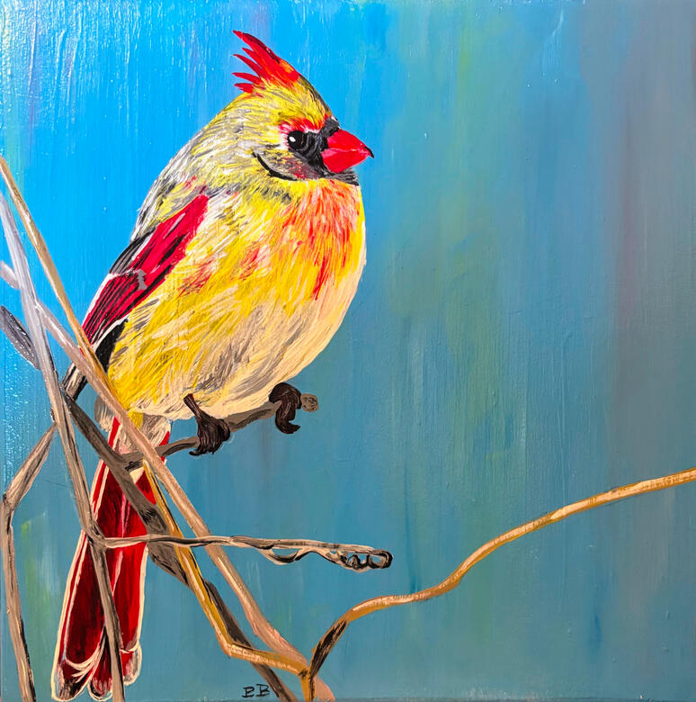 Female Cardinal Hand-painted Acrylic on Wood - $30